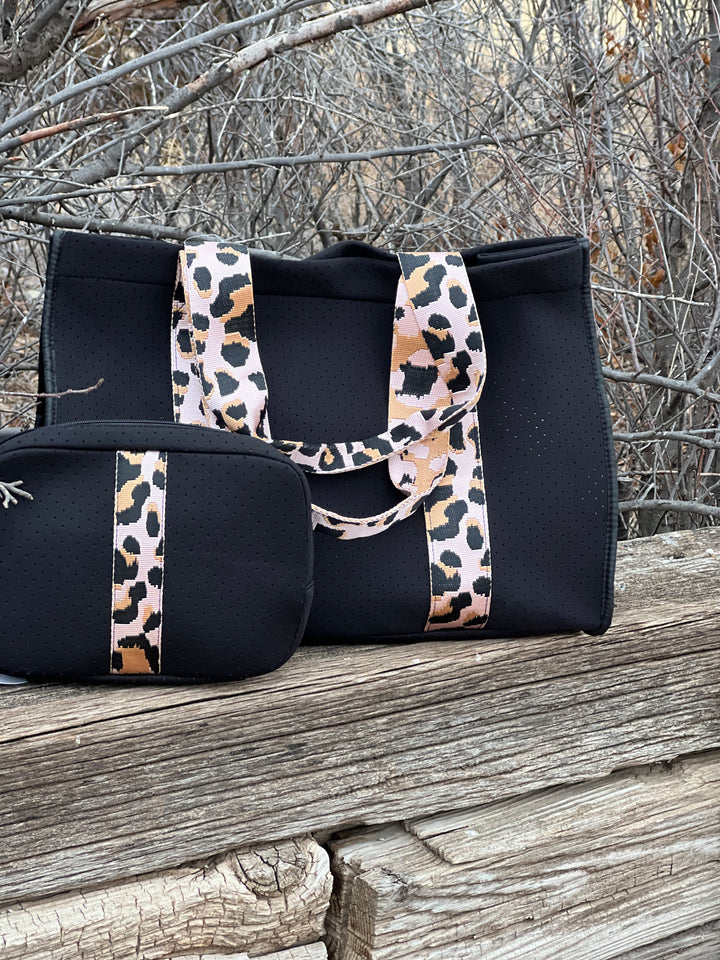 Cosmetic Bag - Black with Leopard Neoprene