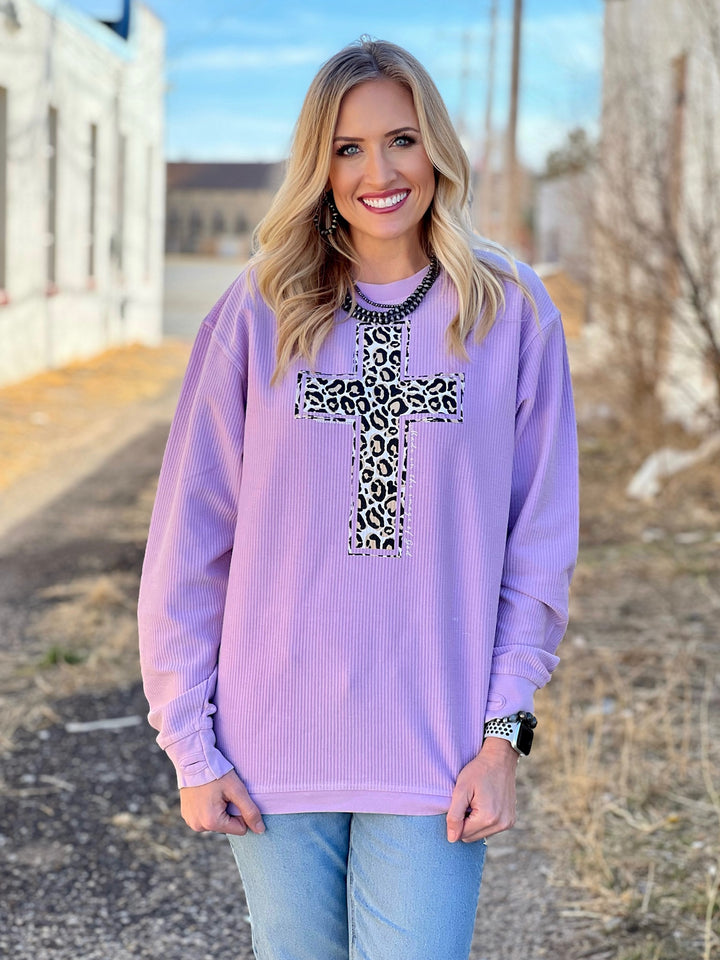 Leopard Cross on Purple Ribbed Top by Texas True Threads