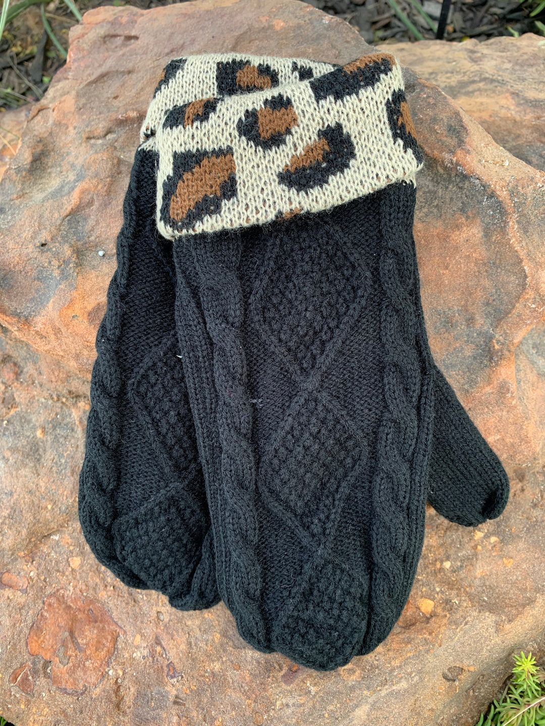 Black & Leopard Cable Knit Mittens