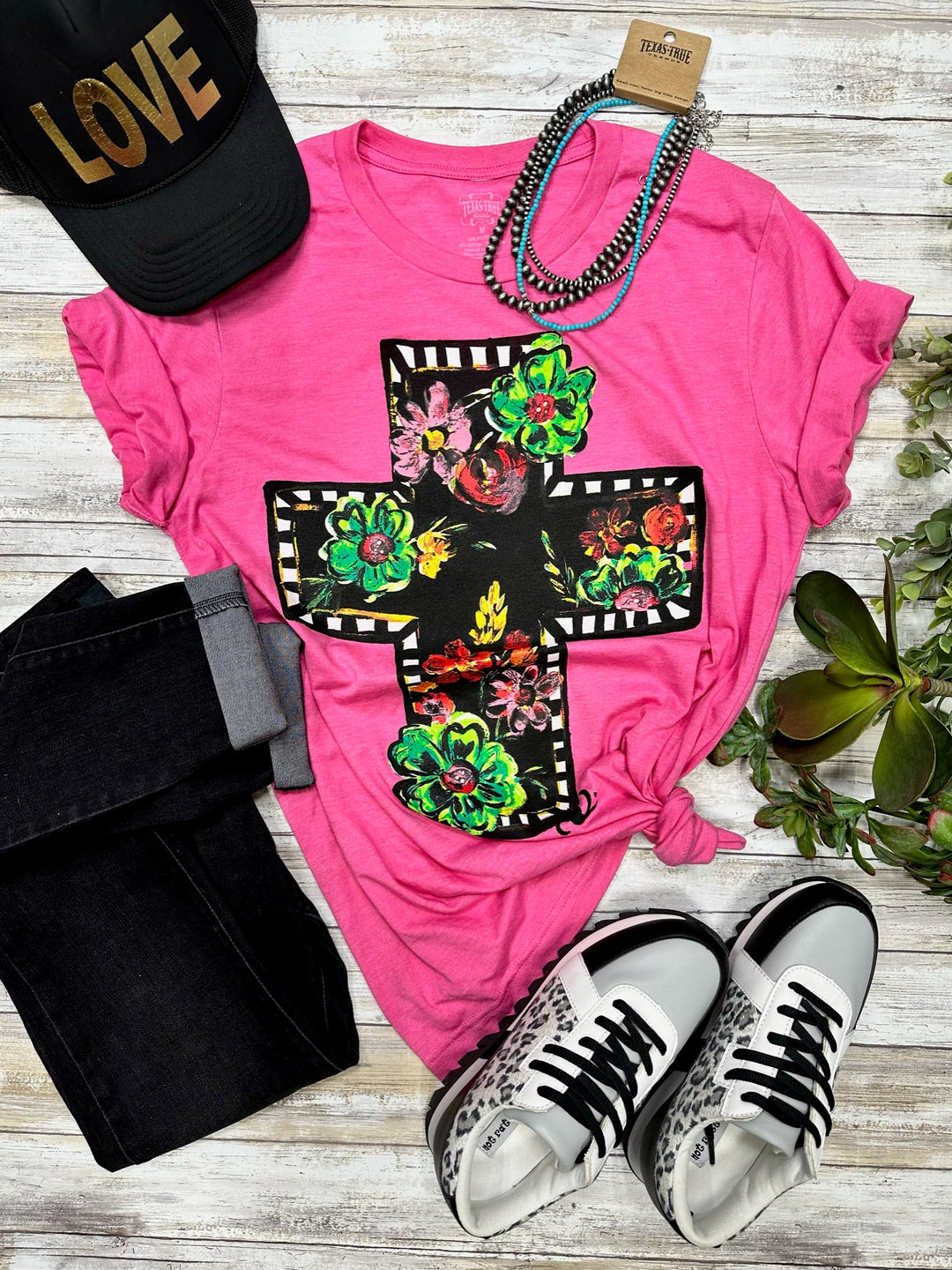 Pink Callie's Floral Cross Tee by Texas True Threads
