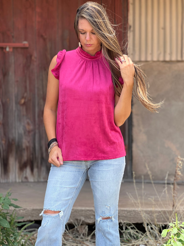 Shelby Pink Suede Ruffle Sleeve Blouse